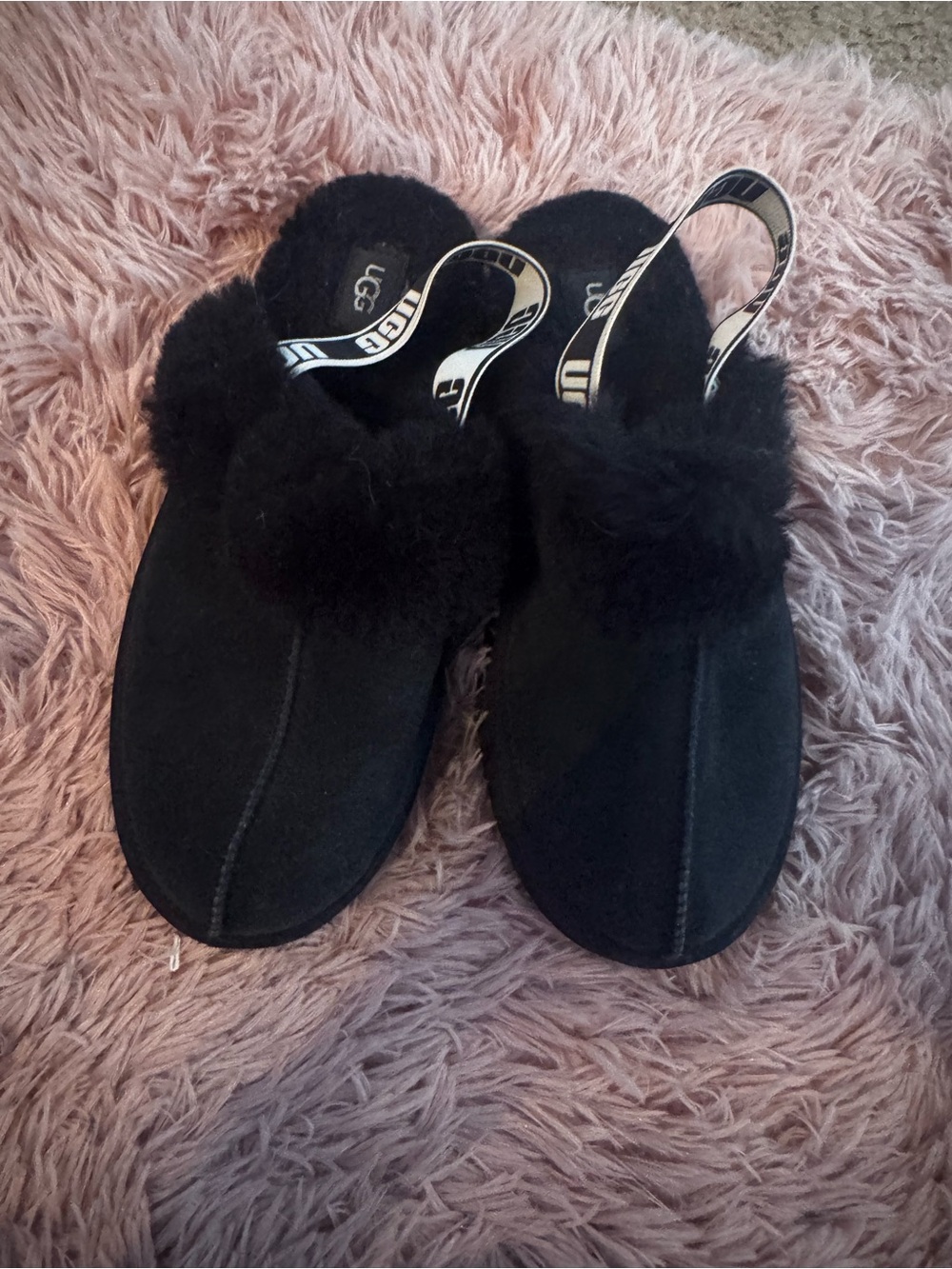UGG Black Suede Shearling Backstrap Slippers